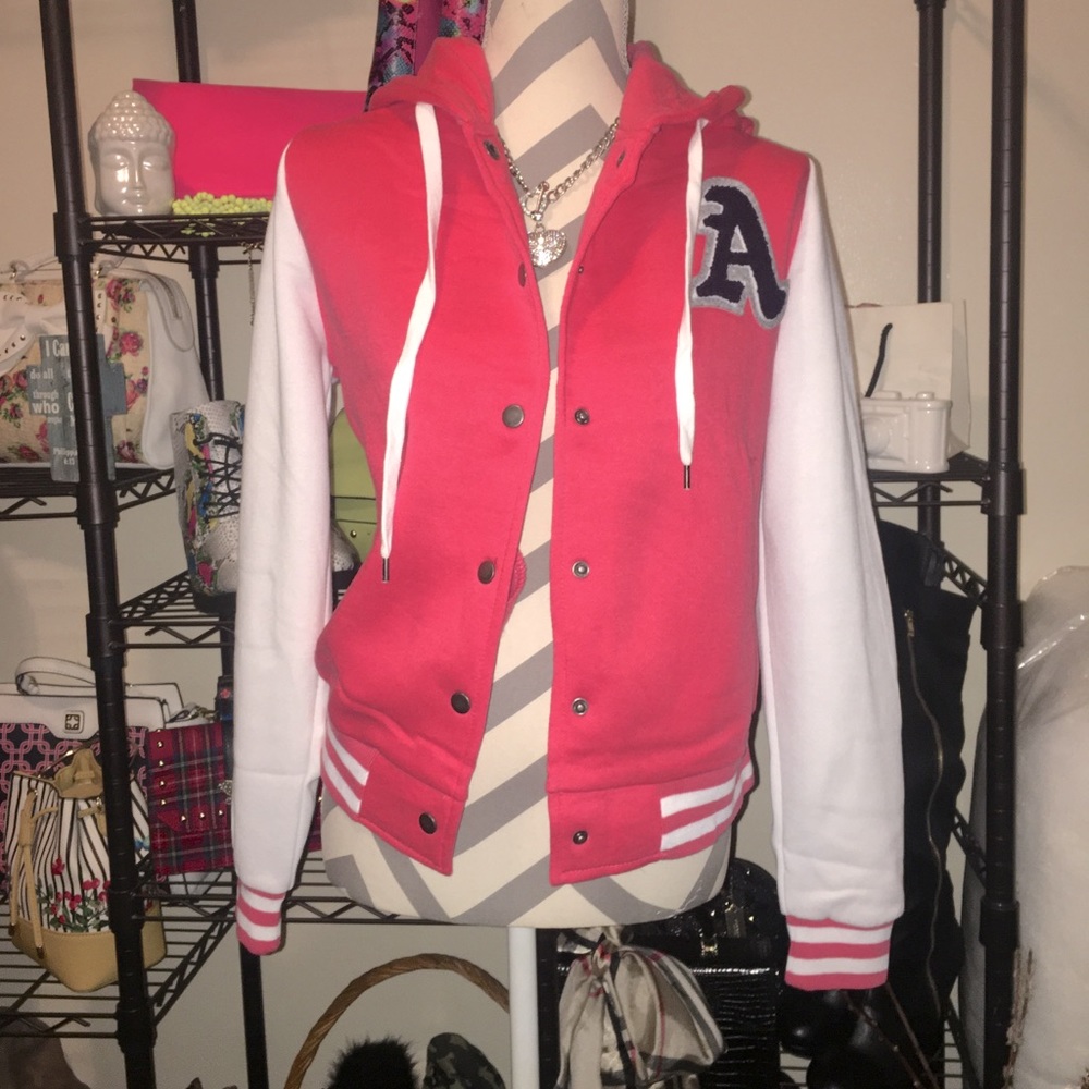 Soft fabric letterman jacket. Peach & white